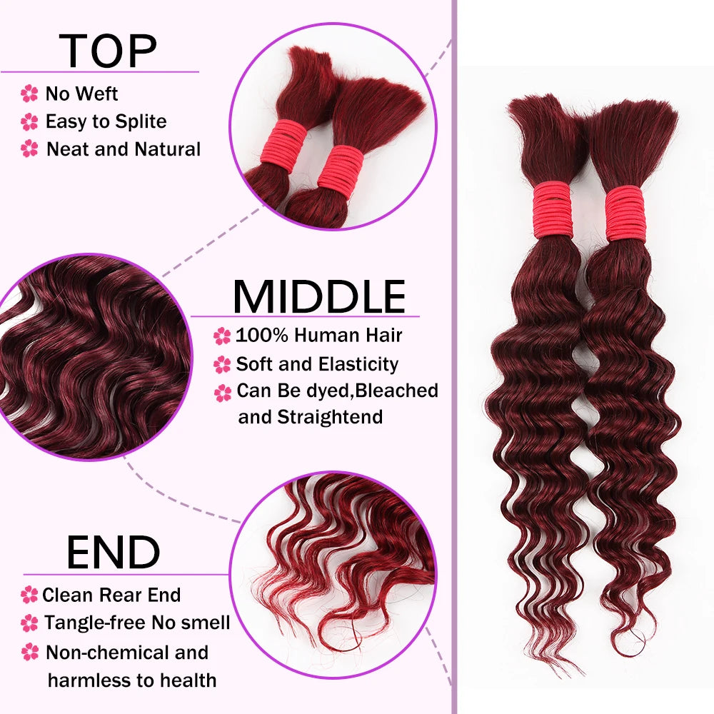 12A 26 28inch 99J# Burgundy Deep Wave Human Hair Bulk for Boho Braids Water Wave Virgin Human Hair Bundles No Weft for Braiding