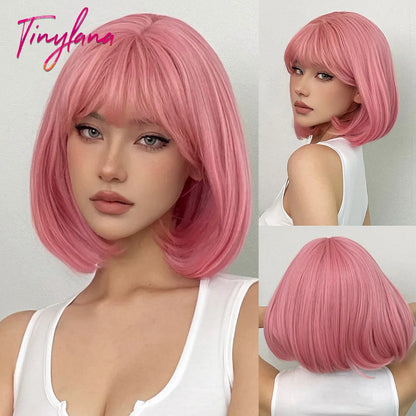 Light Brown Blonde Synthetic Wigs with Bangs for Women Short Bob Daily Straight Wigs Fake Hair Cosplay Halloween Heat Resistant