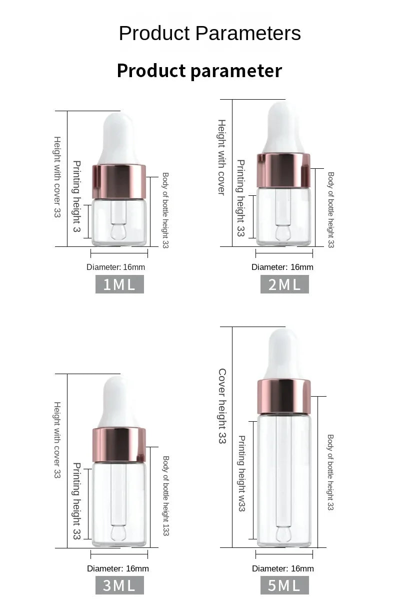 50pcs/Pack Rose Gold 1ml 2ml 3ml 5ml Dropper Bottle Empty Essential Oils Bottles Glass Vials Dropper Refillable Clear