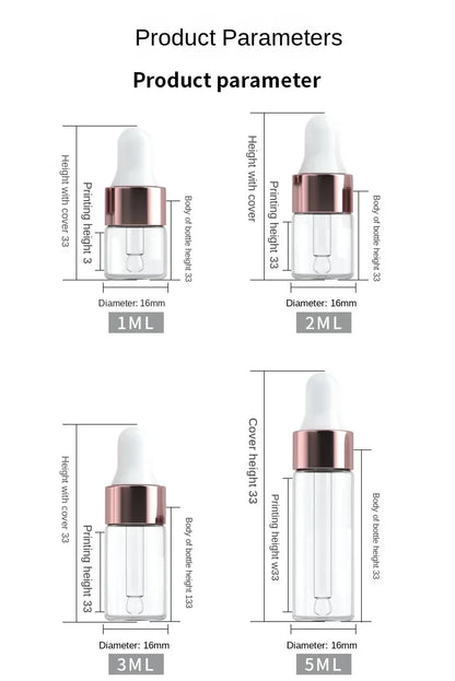 50pcs/Pack Rose Gold 1ml 2ml 3ml 5ml Dropper Bottle Empty Essential Oils Bottles Glass Vials Dropper Refillable Clear