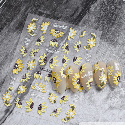 5d Embossed Nail Art Stickers Golden Lines Semi-Transparent Purple Blue Flowers Decals Decorations For Nail Tips Manicures