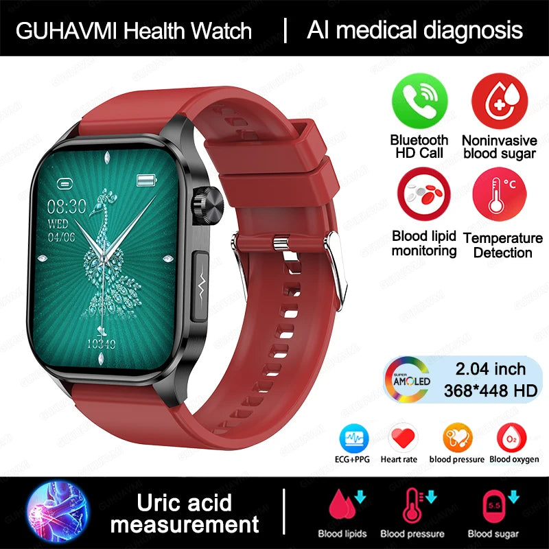 New Blood Glucose Health Smartwatch Men ECG+PPG Blood Pressure Lipids Uric Acid Sport Bluetooth Call IP67 Waterproof Smart Watch