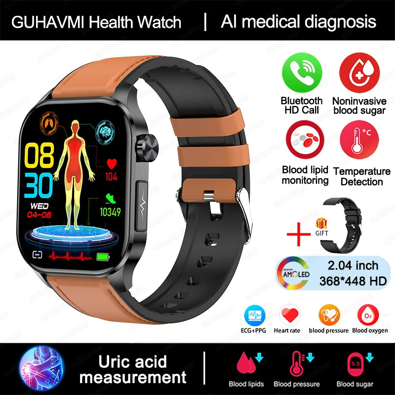 New Blood Glucose Health Smartwatch Men ECG+PPG Blood Pressure Lipids Uric Acid Sport Bluetooth Call IP67 Waterproof Smart Watch