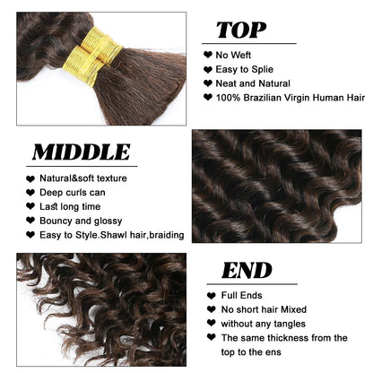 Chocolate Brown Braiding Hair for Boho Braids Human Hair Braiding Hair 2 Bundles/Pack 100g 18 Inch Deep Wave Boho Hair Braiding