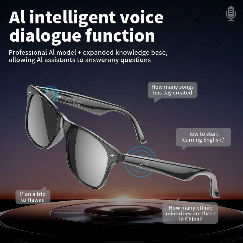 LIGE New Ai Smart Sunglasses Men Women 2 in 1 UV Protection Portable Polarized Anti-blue light Wireless Bluetooth Call Glasses