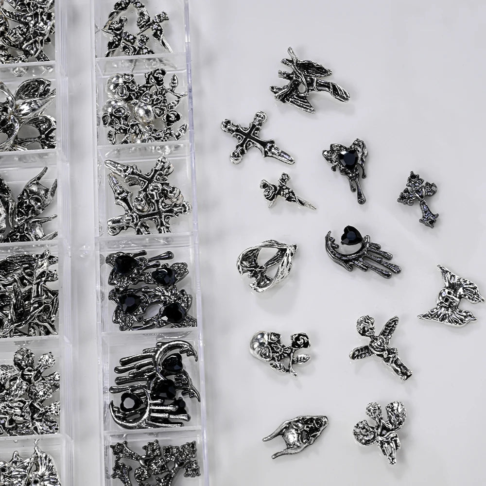12Grid 3D Halloween Punk Retro Alloy Cross Nail Charms Y2k Gothic Metal Gun Black Silver Skull,Cross Nail Art DIY Cool Nail Part