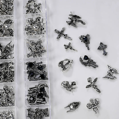 12Grid 3D Halloween Punk Retro Alloy Cross Nail Charms Y2k Gothic Metal Gun Black Silver Skull,Cross Nail Art DIY Cool Nail Part