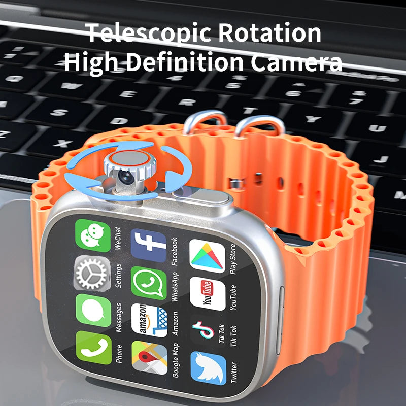 New Ultra Smart Watch 4G SIM Card 2.06''AMOLED Screen GPS WIFI 190°Rotating Camera Video Call Google Play Android Smartwatch