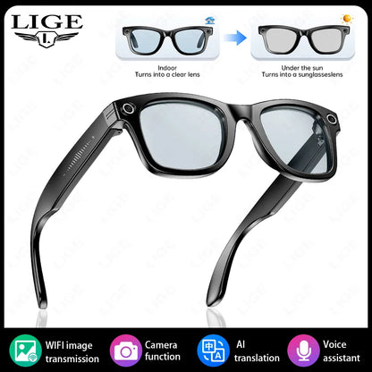 LIGE Smart Glasses with Camera Bluetooth Call Music Touch Sunglasses AI Voice Assistant Video Sound Record Anti-Blue UV Glasses