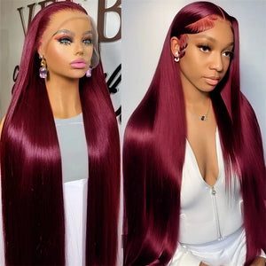 Red 13x6 HD Transparent Bone Straight Lace Frontal Wigs Brazilian Burgundy Colored Human Hair Wigs For Women 38inch Long Wigs