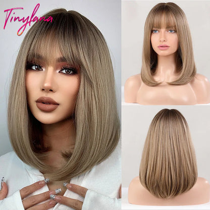 Light Brown Blonde Synthetic Wigs with Bangs for Women Short Bob Daily Straight Wigs Fake Hair Cosplay Halloween Heat Resistant