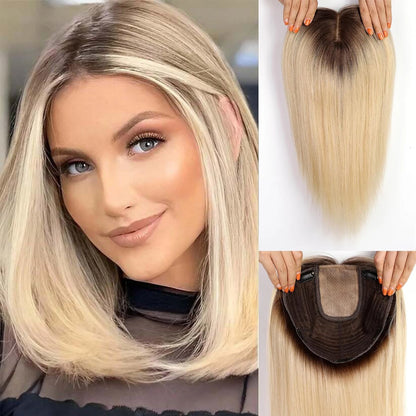 9x9inch Large Base Hair Pieces Dark Brown Human Hair Toppers 16 inch Toppers for Women with Multiple Non-slip Clips