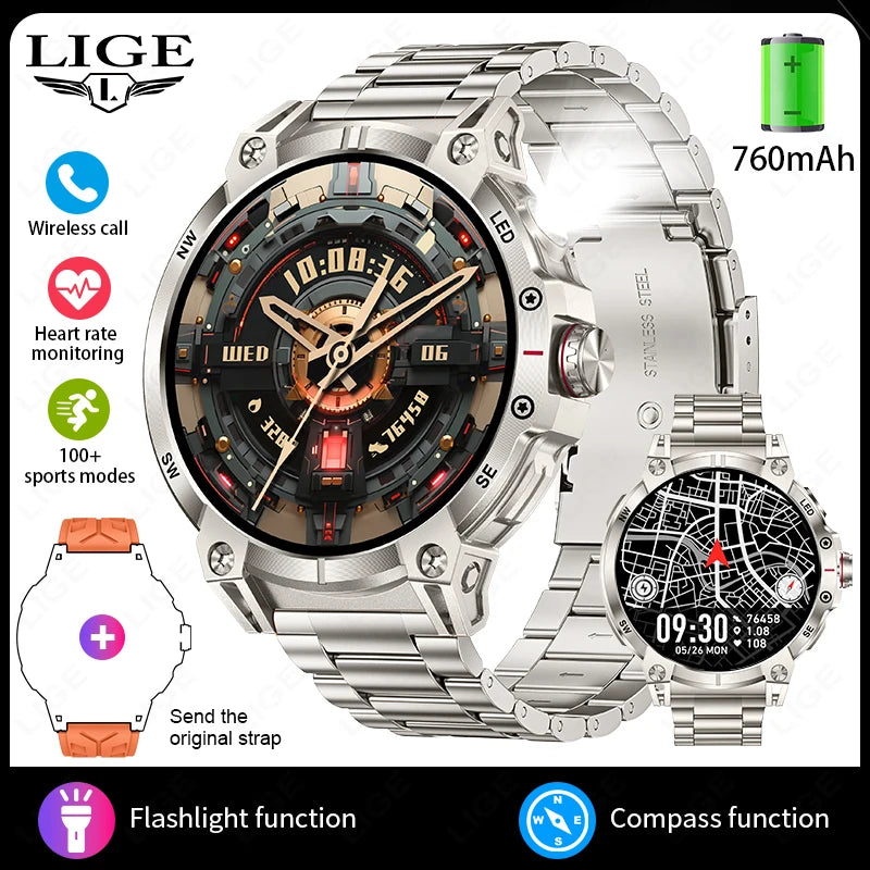 LIGE 760mAh Large Battery Outdoor Smart Watch Men 1.85 inch HD Screen GPS Compass Bluetooth Call IP68 Waterproof Smartwatch 2025