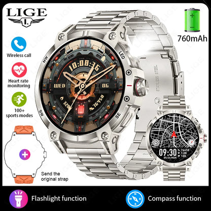 LIGE 760mAh Large Battery Outdoor Smart Watch Men 1.85 inch HD Screen GPS Compass Bluetooth Call IP68 Waterproof Smartwatch 2025