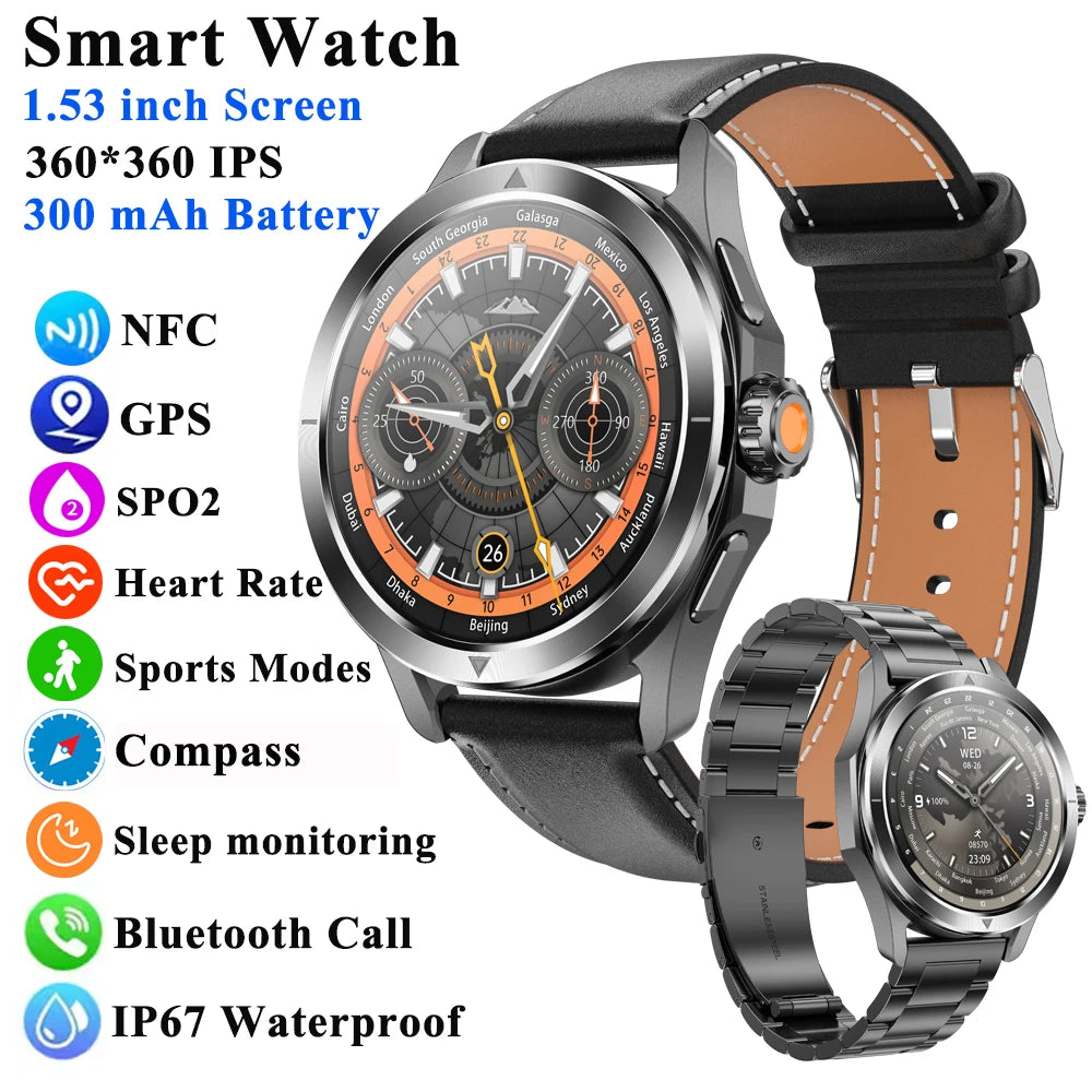 1.53" Outdoor Sports Smart Watch Men NFC GP Compass Heart Rate Blood Oxygen Waterproof Bluetooth Call Smartwatch for IOS Android