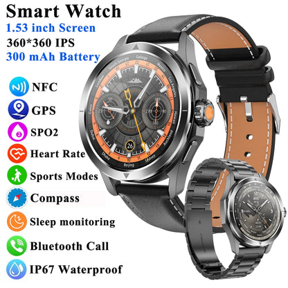 1.53" Outdoor Sports Smart Watch Men NFC GP Compass Heart Rate Blood Oxygen Waterproof Bluetooth Call Smartwatch for IOS Android
