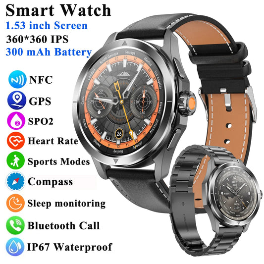 1.53" Outdoor Sports Smart Watch Men NFC GP Compass Heart Rate Blood Oxygen Waterproof Bluetooth Call Smartwatch for IOS Android