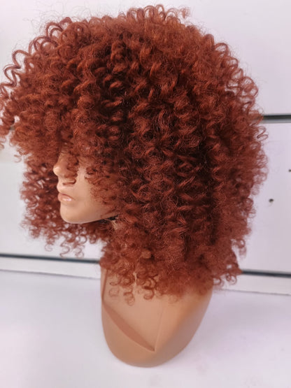 Semi Human Curly Fringe Wig – Auburn Copper Afro Curls | Soft Natural Look