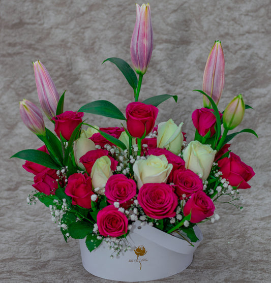 A Flower Basket of Tiger Lilies, Red and White Roses