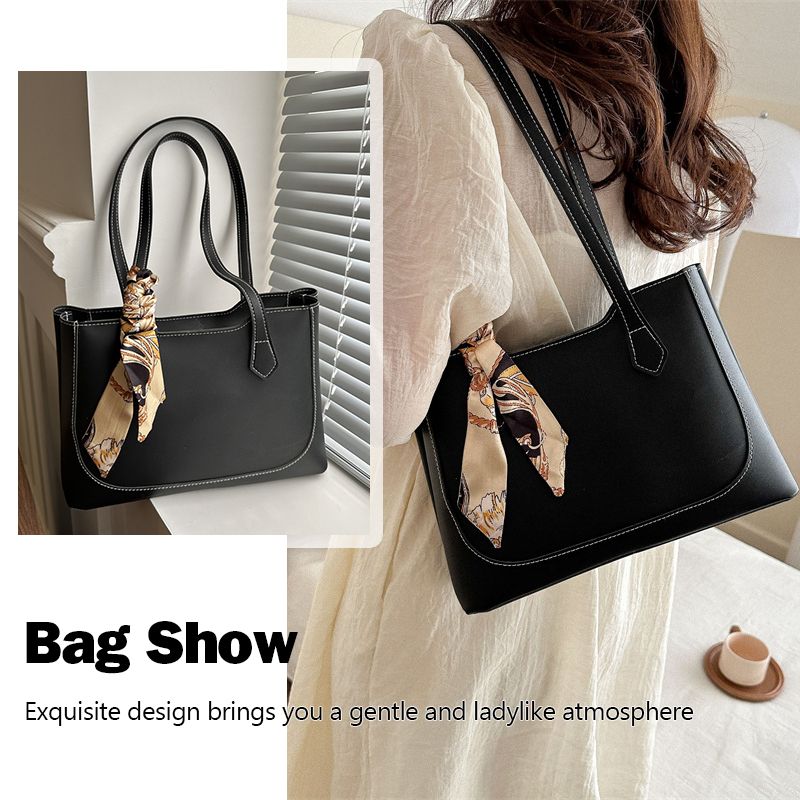 Ladies Classic Handbag Women Black Bag Ribbon Decoration Bags PU Synthetic Leather Bag