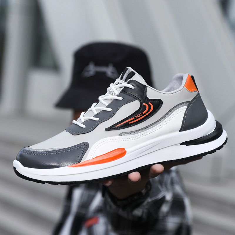 Size 41-45 Men's PU artificial leather fashion sneakers outdoor sports shoes students running shoes Boys walking shoes athletic driving shoes grey +orange