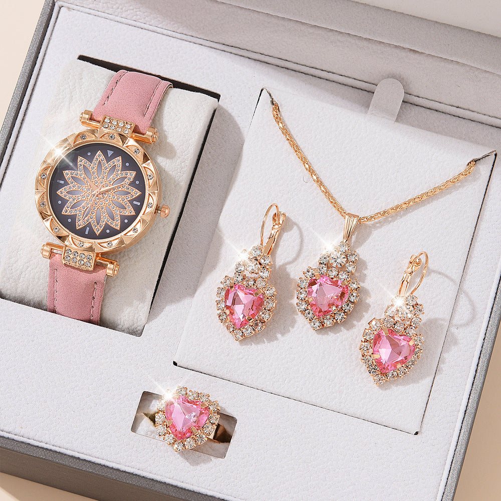 Popular Fashion 5 Set Pink Women Watch Ring Necklace Earrings Bracelet Set Watches Luxury Crystal Butterfly Leather Strap Ladies Quartz WristWatch (With Box)