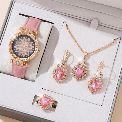 Popular Fashion 5 Set Pink Women Watch Ring Necklace Earrings Bracelet Set Watches Luxury Crystal Butterfly Leather Strap Ladies Quartz WristWatch (With Box)