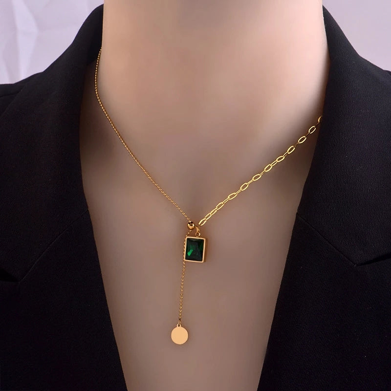Luxury Emerald Stainless Steel Gold Necklace For Woman Fashion Jewelry Girl's Clavicle Chain