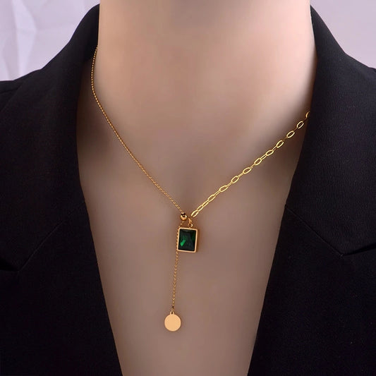 Luxury Emerald Stainless Steel Gold Necklace For Woman Fashion Jewelry Girl's Clavicle Chain