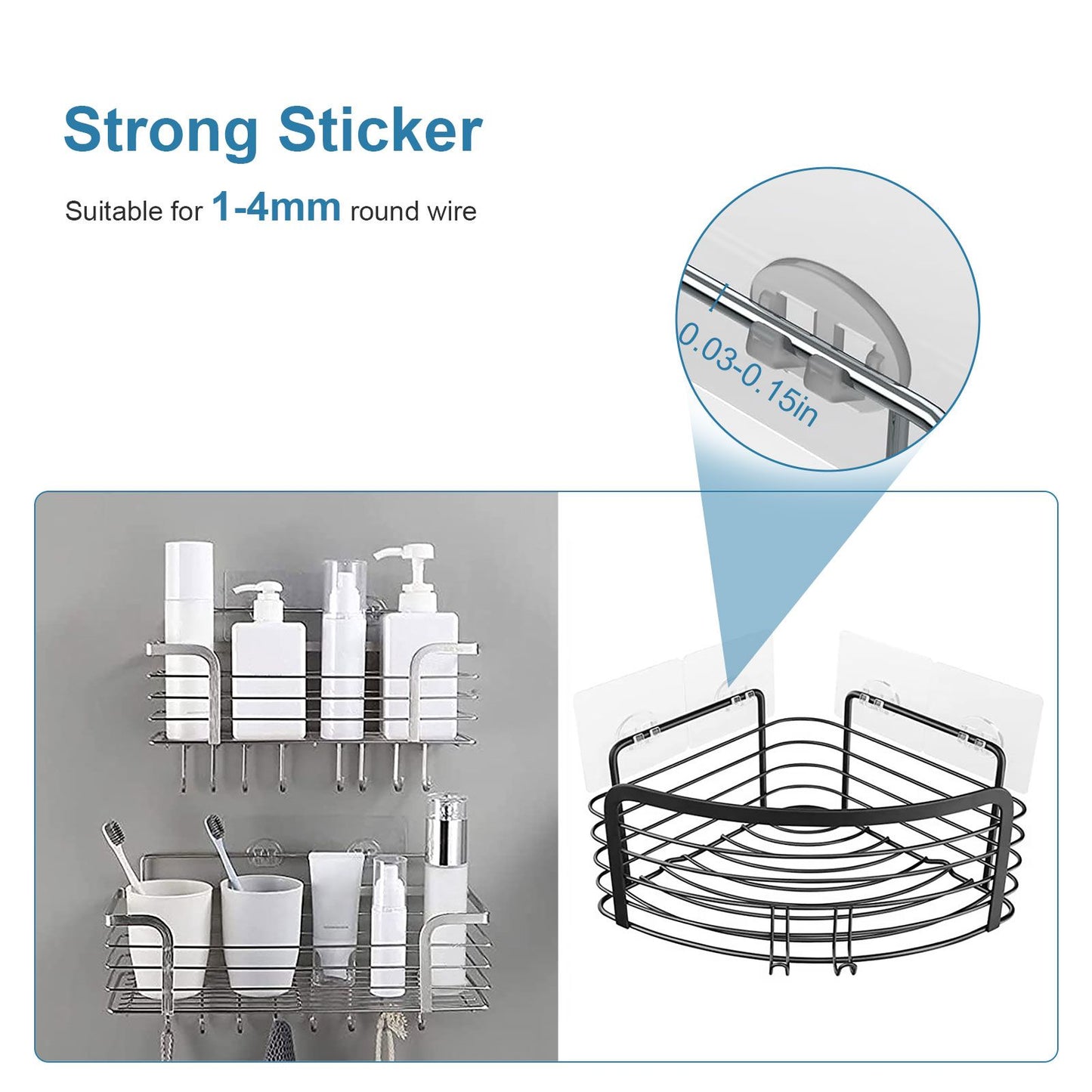16pcs Shower Caddy Adhesive Hooks, Waterproof Adhesive Hooks Mount Replacement, No Drilling Sticky Hanging Hook(8pcs 7x7cm+4pcs 8x8cm+4pcs 14x6cm)
