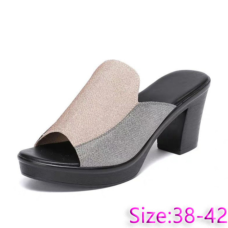 Sizes 38 - 42 women's summer sandals open shoes fashion slippers Ladies sequined High heels Girls comfortable chunky heel shoes heightening shoes gold + silver Slippers