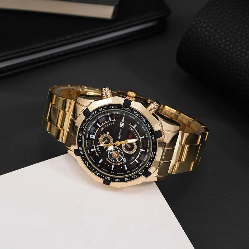 3pcs set Best Selling Fashion Mens Sports Gold Three Eyes Watches Men Business Steel Quartz Wrist Watch Calendar Male Casual Eagle Necklace Bracelet Wristwatch With Box