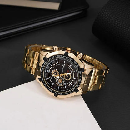 3pcs set Best Selling Fashion Mens Sports Gold Three Eyes Watches Men Business Steel Quartz Wrist Watch Calendar Male Casual Eagle Necklace Bracelet Wristwatch With Box