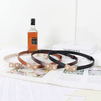 2pcs Pearl Buckle Belt New style women's belts women's elastic belts fashionable elastic pearl button coat dress versatile accessories