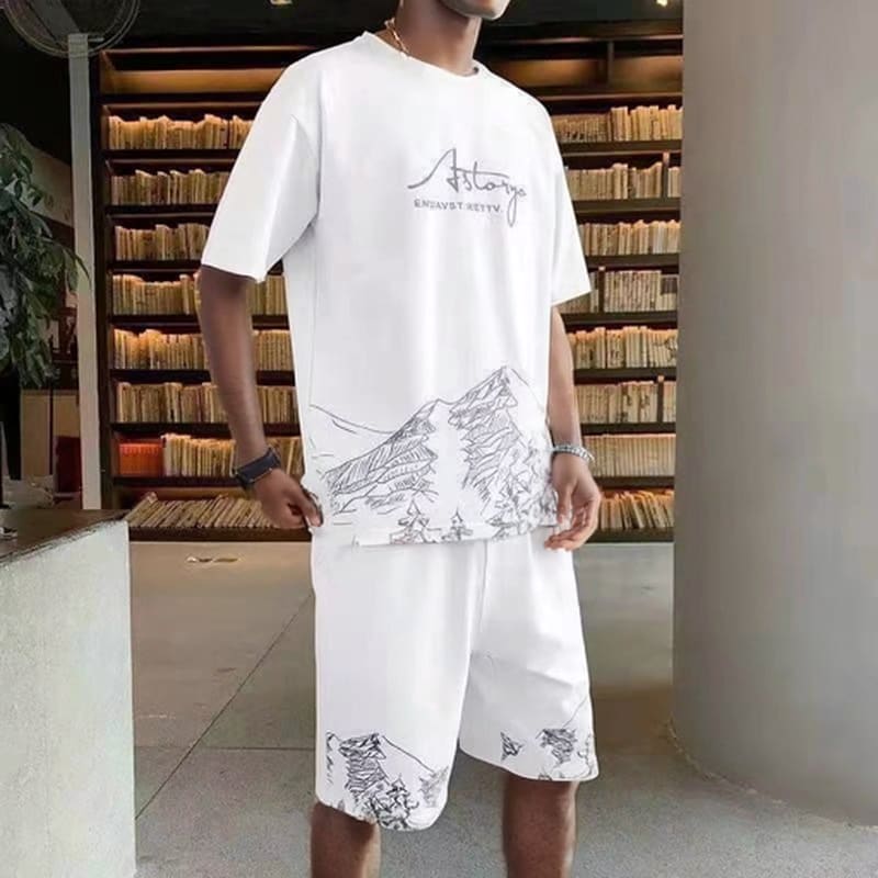 2 PCS 2 in 1 Men Clothes T-Shirts tshirts Shorts Polos Men Suits Fashion Summer Print Round Neck Short Sleeve Shorts T-Shirt Sets