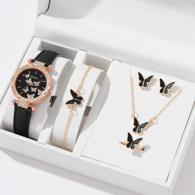 5-Piece Women's Watch Bracelet Necklace Ring Earrings Set Fashion Personality Simple Watch Butterfly Quartz Leather Watch