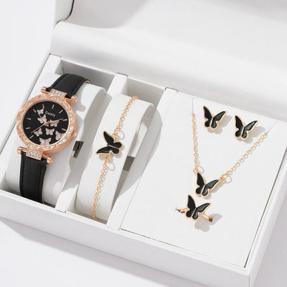 5-Piece Women's Watch Bracelet Necklace Ring Earrings Set Fashion Personality Simple Watch Butterfly Quartz Leather Watch
