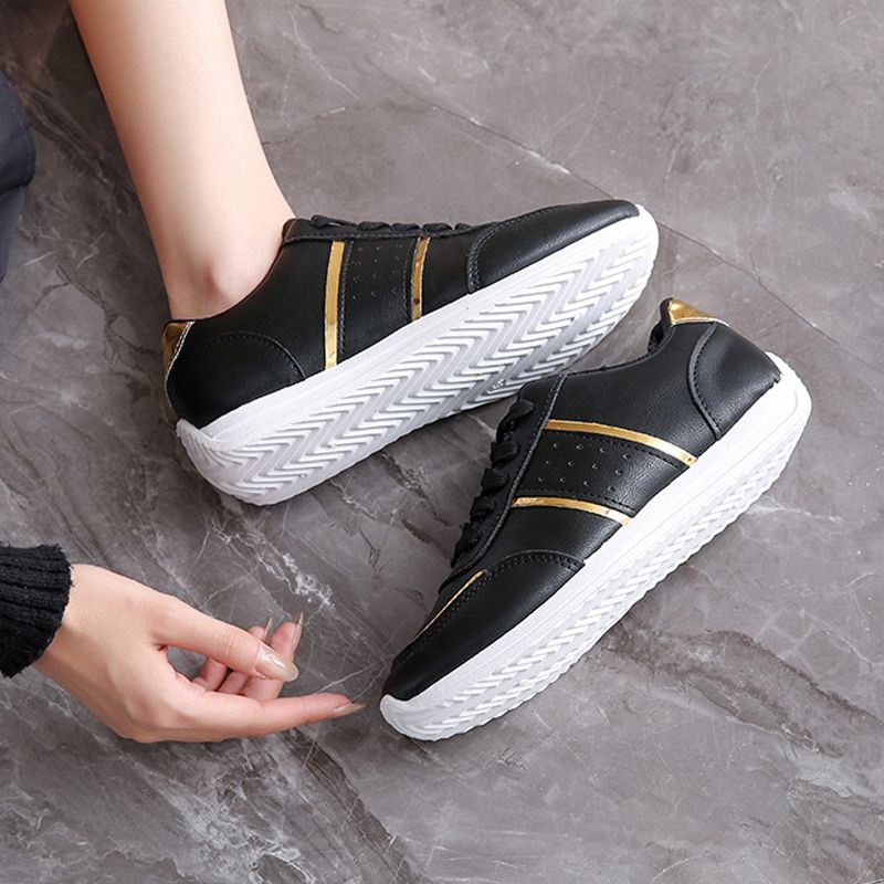 Size 38-42 women's PU artificial leather shoes students black shoes ladies running shoes girls board shoes athletic flat fashion casual sports shoes black golden