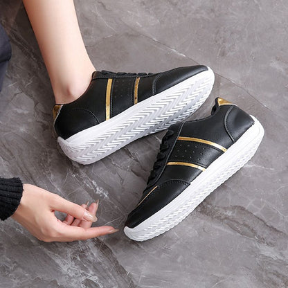 Size 38-42 women's PU artificial leather shoes students black shoes ladies running shoes girls board shoes athletic flat fashion casual sports shoes black golden