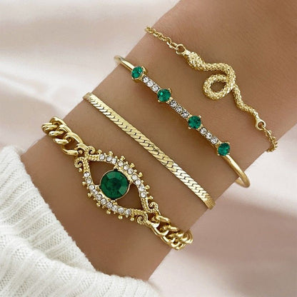 4PCS Bracelets For Women Retro Inlaid With Green Diamonds Bracelet Vintage Chain Link Adjustable Women Jewelry Set Jewelry Gift for Girls