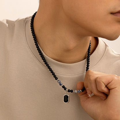 Black Beads with Square Pendant Necklace for Men Trendy Accessories on the Neck Collar 2024 Fashion Jewelry Male Gift Decoration