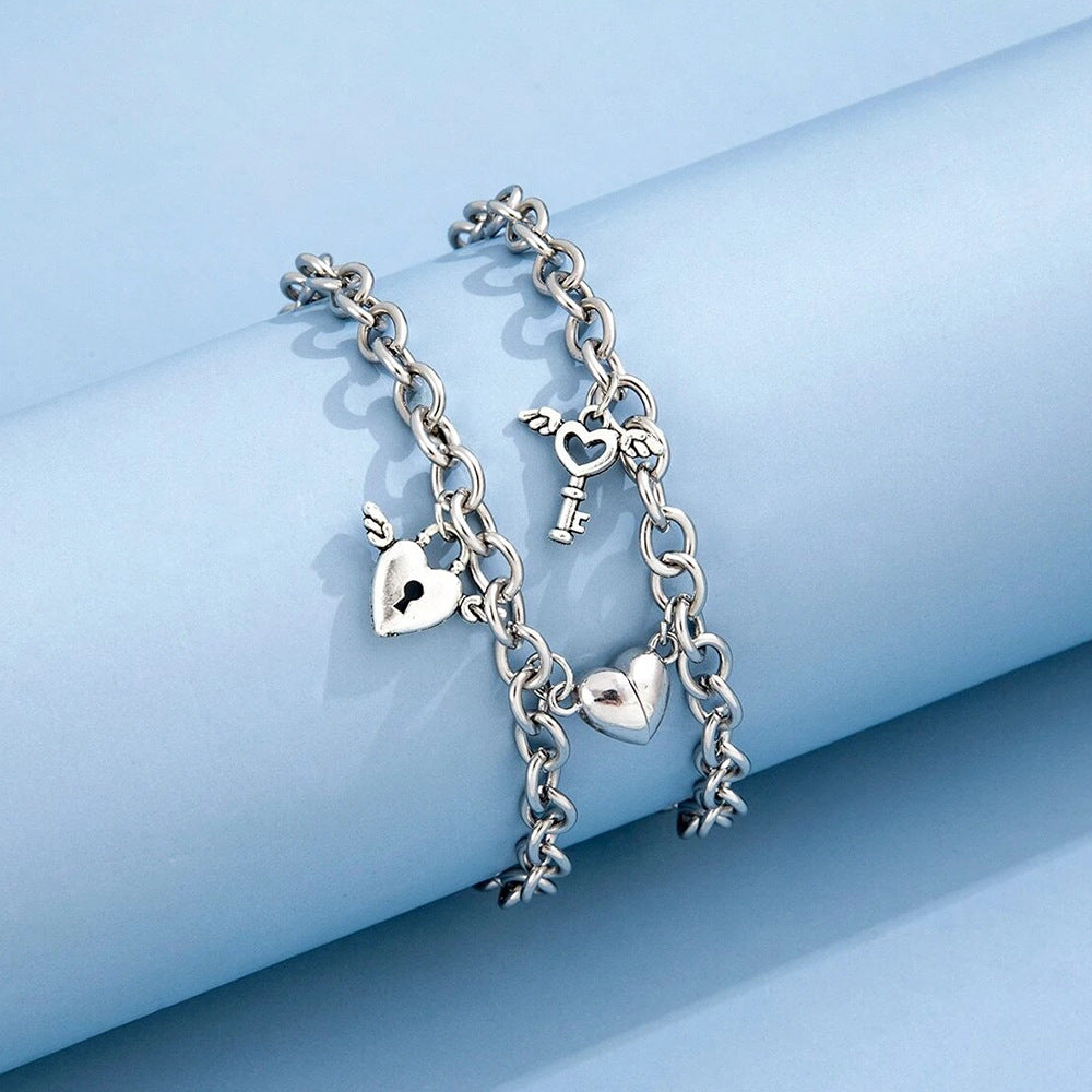 Couple Bracelets Magnetic Buckle Lovers Bracelets Fashion Love Key Lock Design couples Wrist Chain Bracelet Heart Couple Bracelet