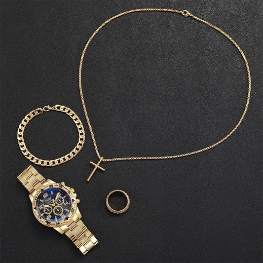 4PCS/Set Fashion Men's Watch Casual Gold Steel Band Analog Male Quartz Watches Jewelry Set