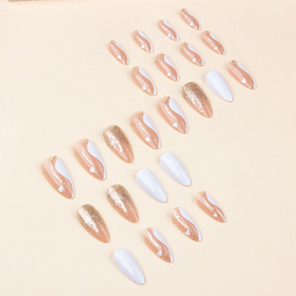 Valentine's Day long almond shaped platinum line nail art French white border wave leopard print gold powder wearing nail art heart-shaped nail art sheet