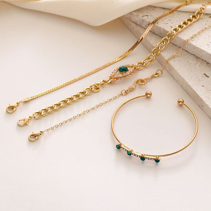 4PCS Bracelets For Women Retro Inlaid With Green Diamonds Bracelet Vintage Chain Link Adjustable Women Jewelry Set Jewelry Gift for Girls