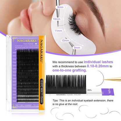 16Rows Classic Individual Eyelash Extension Lashes Matte Black Professional MIX 7-15MM Soft Natural Curl Faux Mink Eyelashes Extension Individual Eyelashes Artificial Fake False Eyelashes