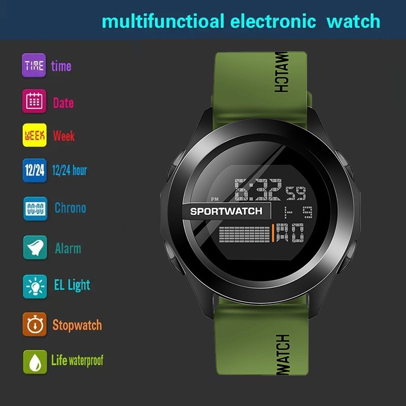 Men Sport LED Watches Men Digital Clock Wristwatch Stopwatch Luminous with Date Week Original Waterproof Clock Multi-Functional Rubber Man Fitnes Athlete Timekeeping Electronic Watch