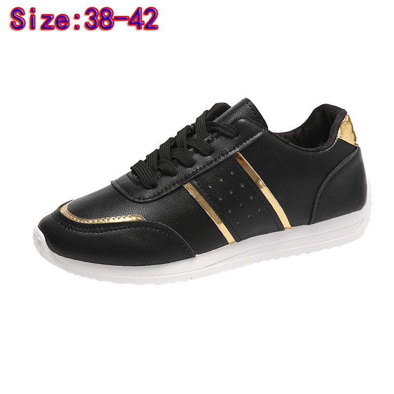 Size 38-42 women's PU artificial leather shoes students black shoes ladies running shoes girls board shoes athletic flat fashion casual sports shoes black golden