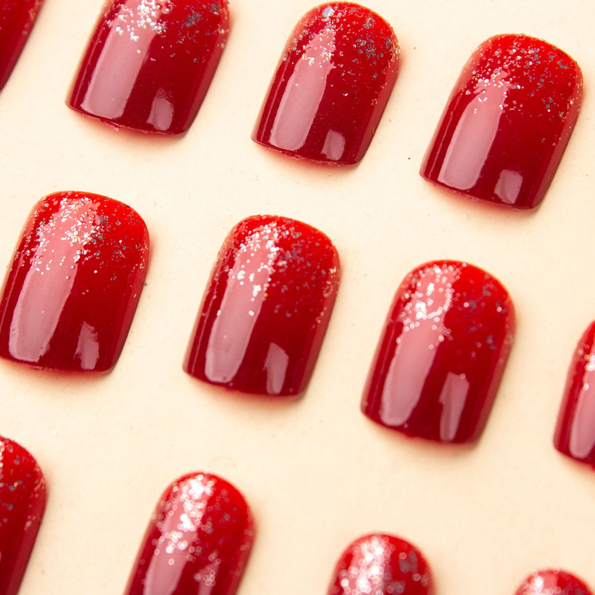 Short red nail art finished product, red finger root glitter nail art sheet, fake nail sticker nail art tool