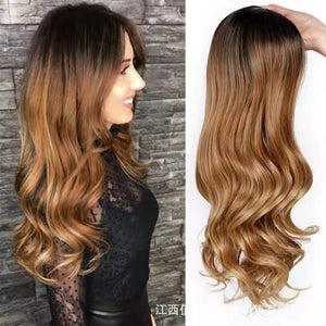FBK Women long wave wig long curly hair black brown gradient synthetic hair for lady gift